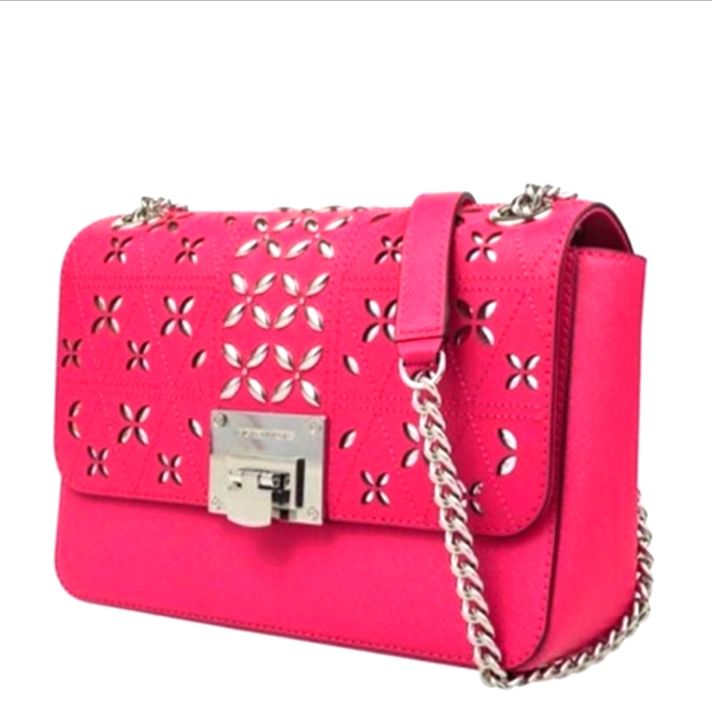 NEW • Michael Kors Tina Ultra Pink 💕 Chain Stud Perforated Floral Shoulder Bag